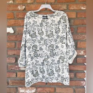 Tahari Linen Beachy Floral Print Button Down Longline Summer Top 2XL